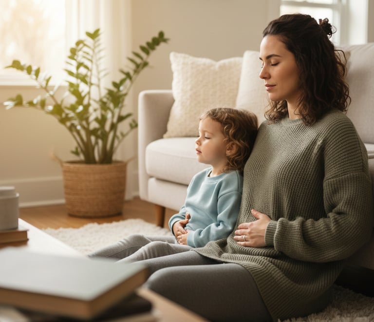 Parent and child doing slow belly breathing together at home