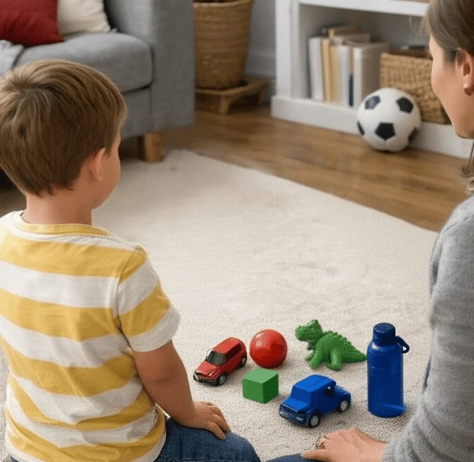 Child doing color sorting activity at home with parent