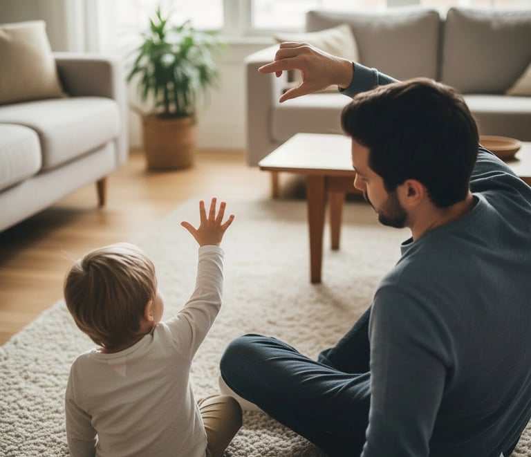 Child doing air drawing indoors at home with parent