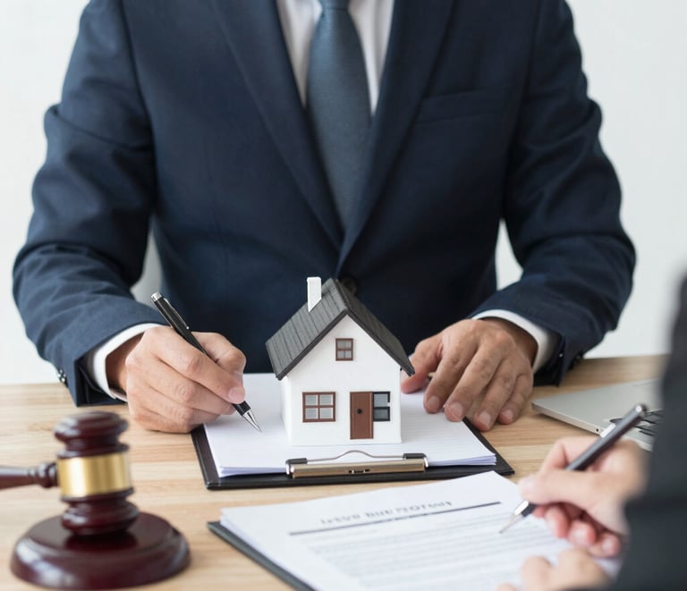 A lawyer reviewing property documents with clients in a bright office.