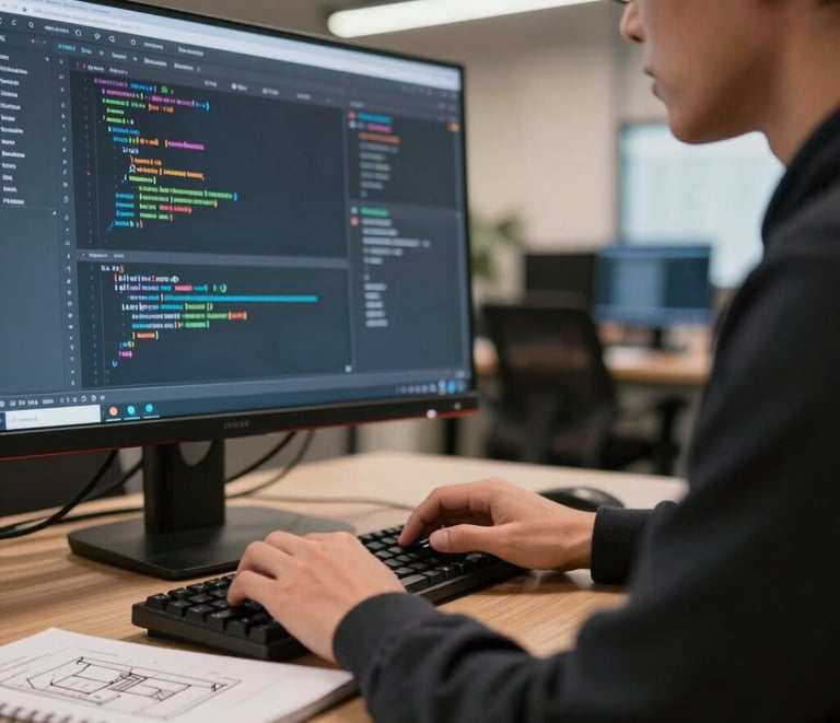 A focused team of developers collaborating over code in a modern office.