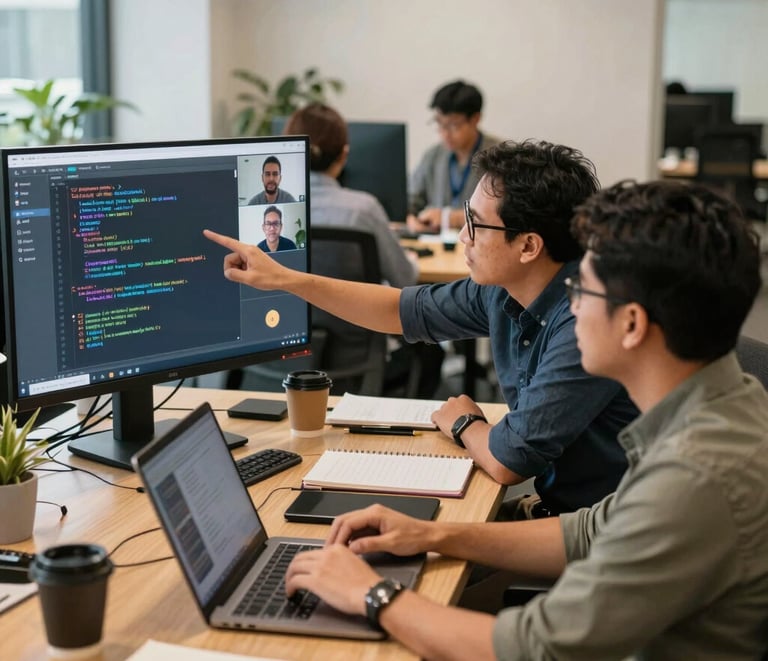 Engineers conducting detailed software testing in a bright workspace.