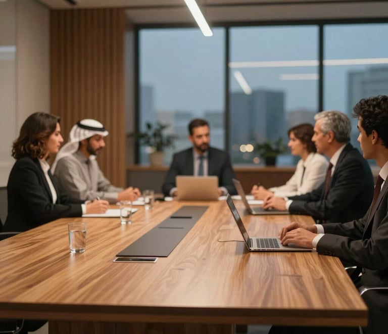 Modern office workspace with professionals collaborating over documents.