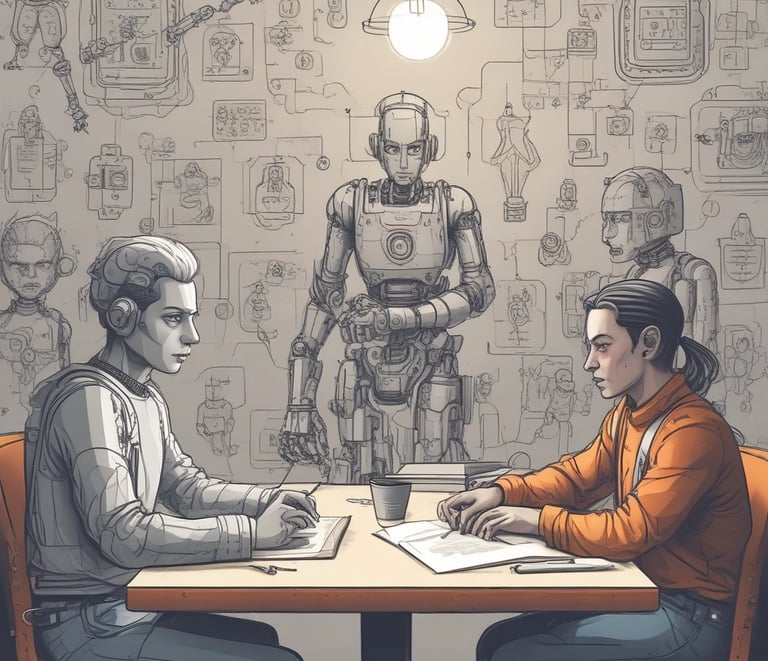 A futuristic and digital-themed image features a stylized circuit board with the words 'Open AI' in bold, glowing letters. Above it is a design that resembles an AI or robot face with neon accents. The background consists of a network of interconnected blue lines and nodes, suggesting themes of technology and connectivity.