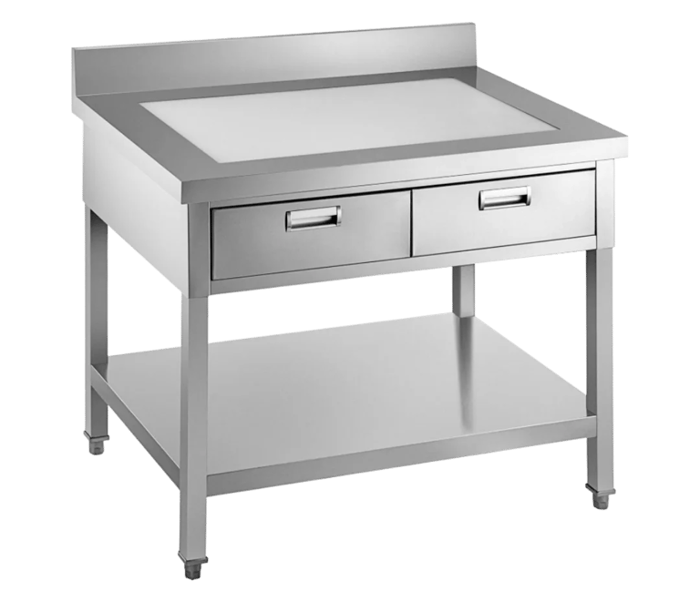 Stainless steel prep table from our light duty range featuring a built-in cutting board, drawers, and under shelf.