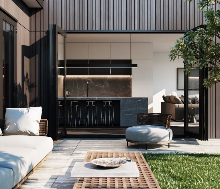 a patio with a couch and a table