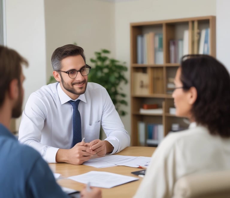 A mediator facilitating a respectful conversation between two parties in a neutral setting.