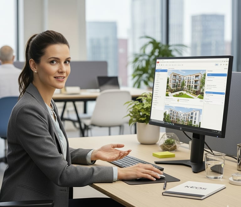 a woman sitting at a desk with a computer monitor and a keyboard