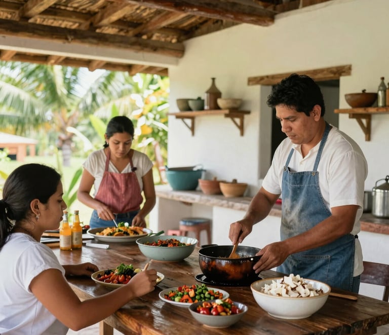 A vibrant cooking class showing fresh Nicaraguan ingredients in an open-air kitchen.
