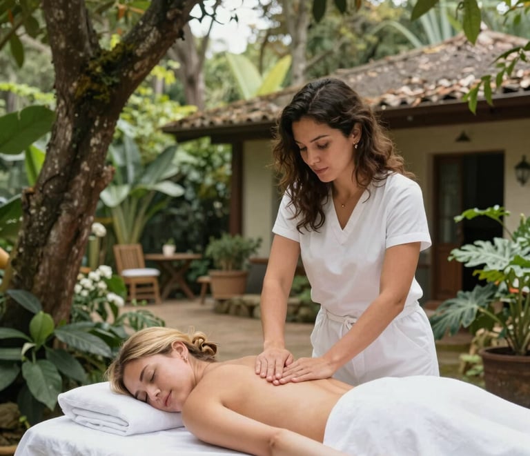 A peaceful hands-on massage in a tropical garden setting under lush green trees.