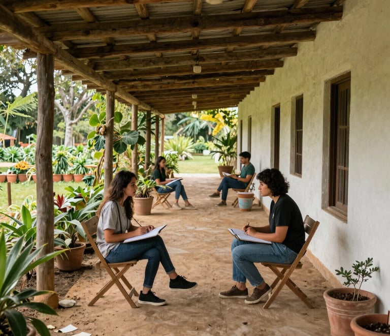An engaging Spanish language class held outdoors surrounded by tropical plants.
