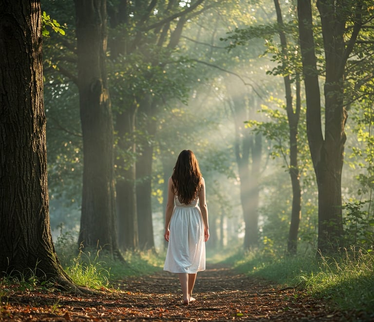 Mujer caminando por un bosque