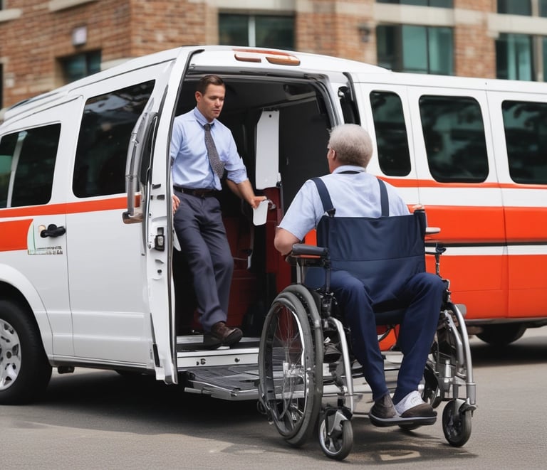 An empty section of public transport with a visible wheelchair accessibility sign on the wall. The interior has gray flooring, a railing painted in yellow, and a window showing an urban backdrop with tall apartment buildings. A piece of paper lies on the floor.