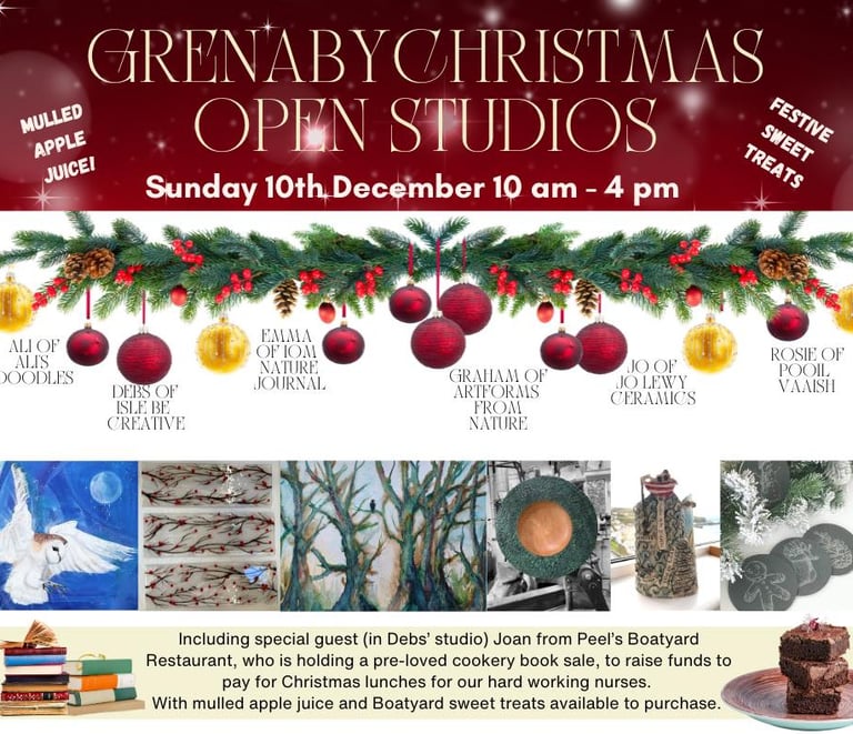 An ad for the Grenaby Christmas Open Studios 2023 featuring works by several Grenaby artists.
