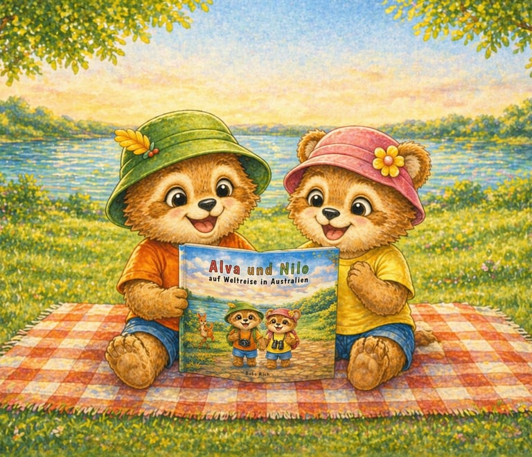 Kinderbuch Alva und Nilo auf Weltreise: Alva und Nilo halten das Buch in der Hand.