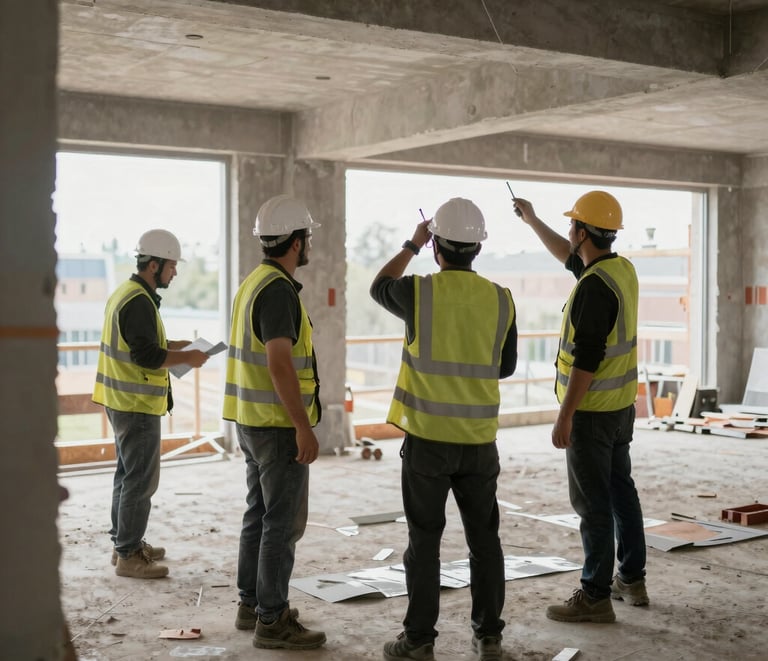Modern construction site with workers installing high-end finishes in a bright, minimalist interior.