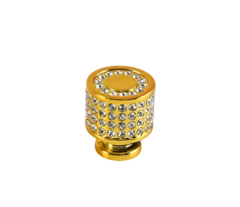 Polished gold round cabinet knob with decorative sparkling crystal rhinestones for luxury furniture.