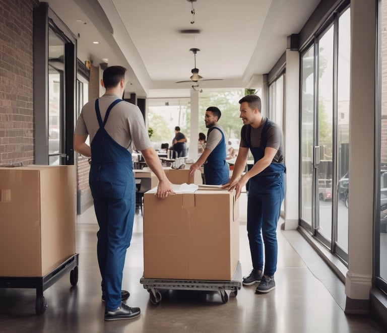 Two movers gently carrying a couch through a front door into a new house.