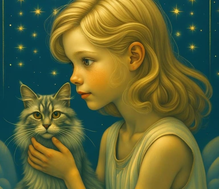 Fantasy book cover of Flickering Star Cat featuring a blonde girl and a grey cat under a starry night sky.