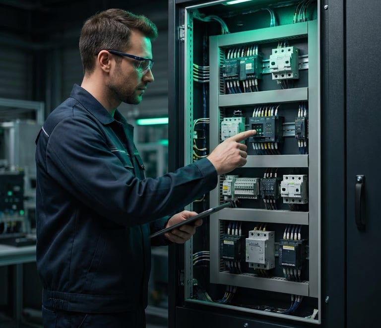 مهندس كهرباء صناعية يفحص لوحة تحكم تحتوي PLC وقواطع كهربائية داخل منشأة صناعية