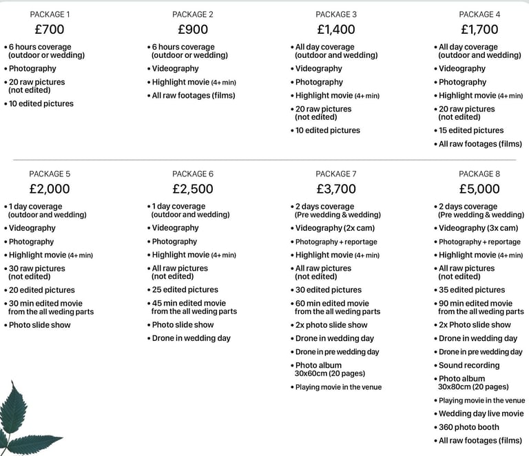 Fred Art Studio wedding pricing chart showing photography and videography packages from £700 to £5,0