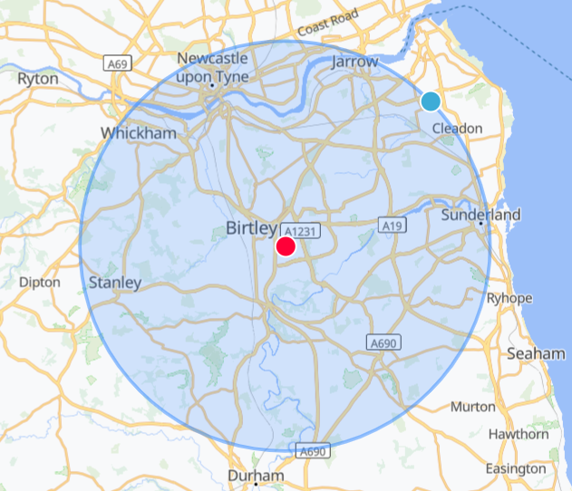 Mobile sports massage radius map covering Washington, Newcastle, and Birtley.