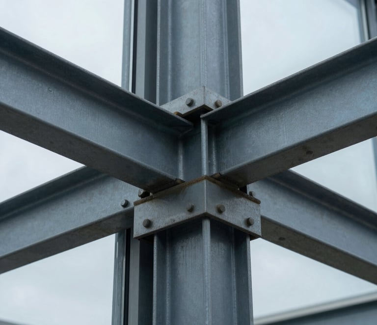 Extreme macro detail of structural steel joints and heavy architectural glass, cool overcast lighting.