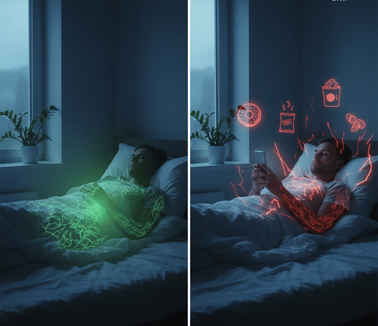 Sleep deprivation cascade showing hormonal changes from ghrelin and leptin 