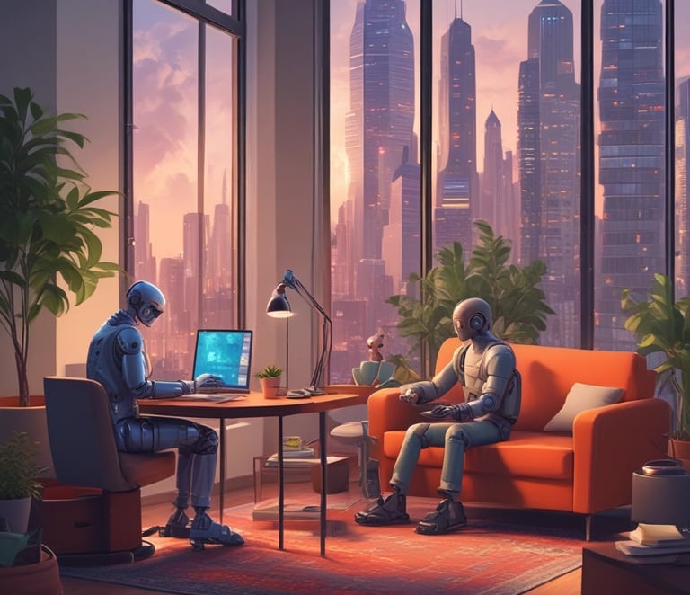 A modern interior with several people interacting with technology, including a digital currency ATM. One person is using a laptop at a table, another is standing at an ATM, and others are using their phones.