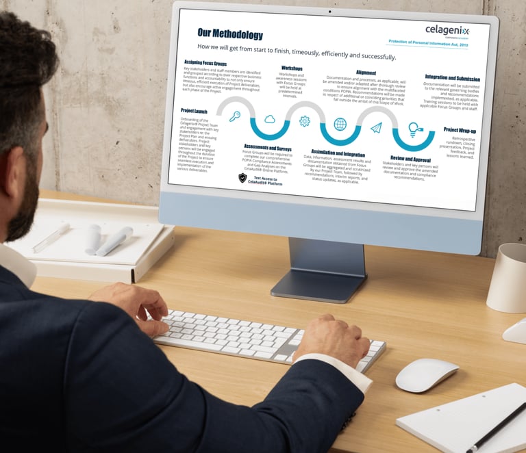 Professional reviewing Celagenix data privacy compliance methodology on computer screen