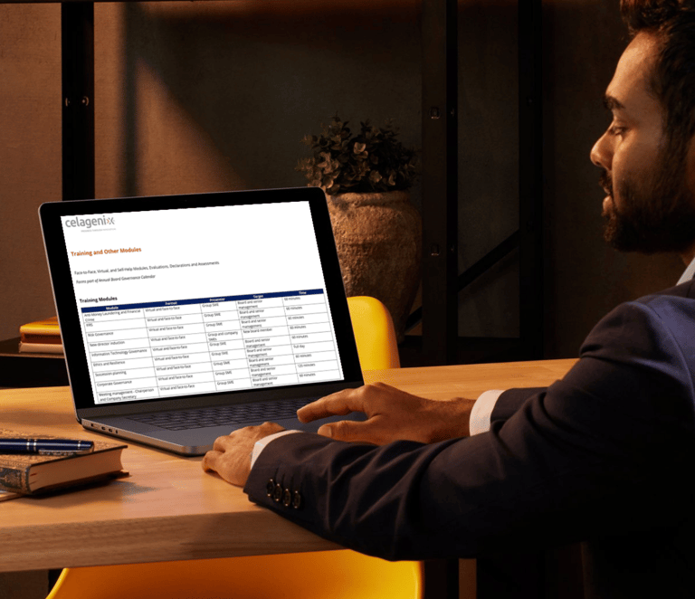Professional reviewing Celagenix governance capability training modules on laptop