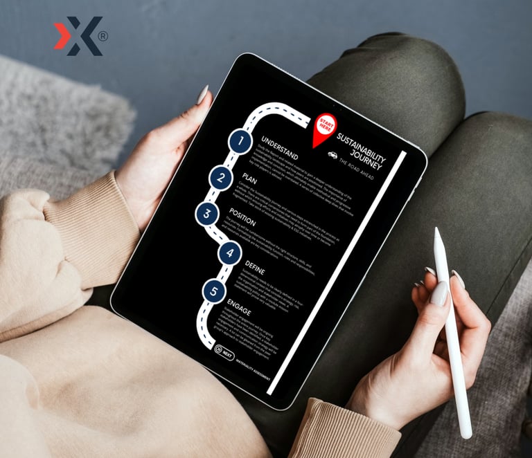 Person reviewing sustainability journey roadmap on tablet with Celagenix ESGOR framework
