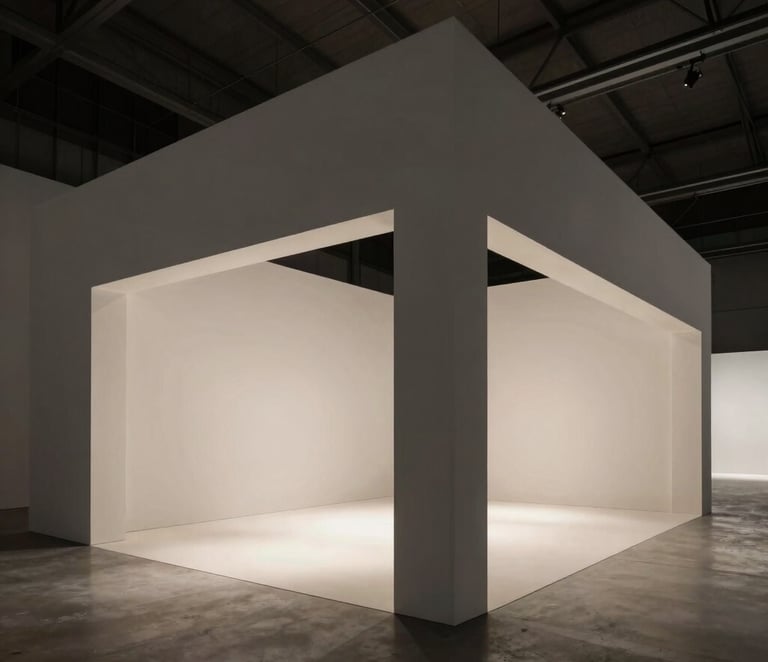 Wide-angle architectural photograph of a high-end minimalist exhibition stand in a real pavilion, sharp structural lines, dramatic exhibition spotlighting, sober desaturated tones