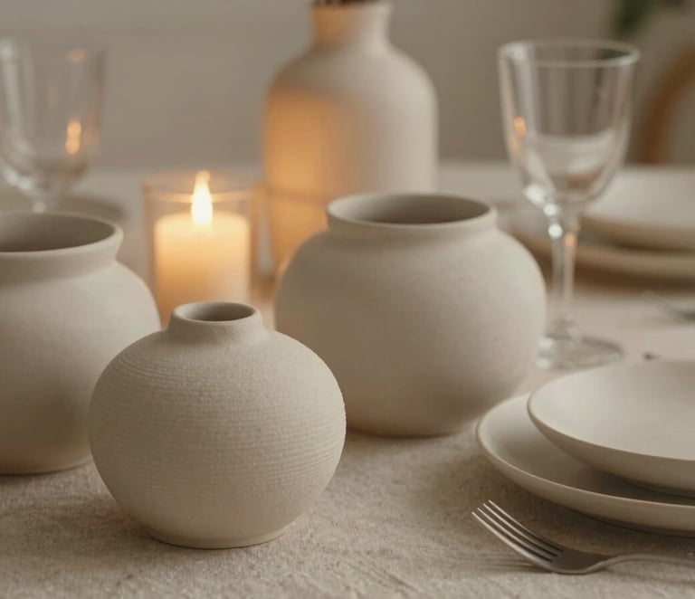 Close-up of a highly sophisticated tabletop styling with textured neutral ceramics, heavy linen, delicate glassware, and soft golden-hour candlelight, warm editorial photography style, 35mm