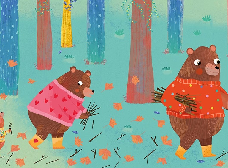 Children’s book illustrator style – whimsical bear family in green forest
