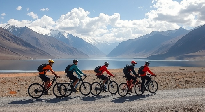 cycling at lake in ladakh