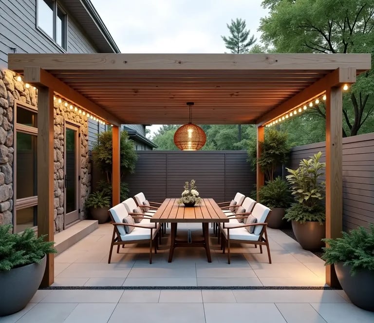 a concrete patio with a table and chairs 
