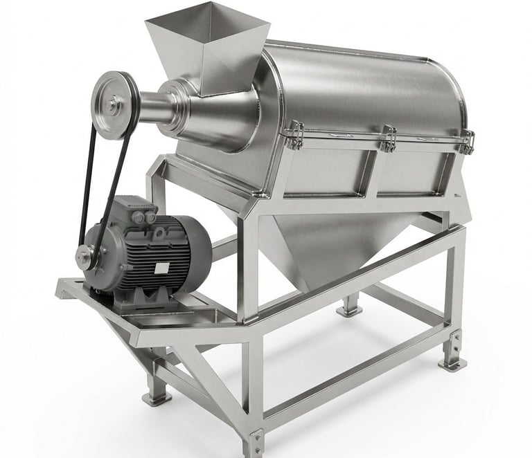 Industrial stainless steel centrifugal sifter machine with electric motor for food processing.