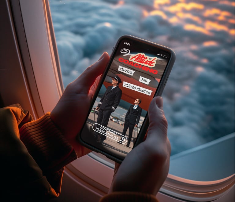 Post d'une coach bien-être  pour pilotes sur un smartphone lors d'un vol au-dessus des nuages.
