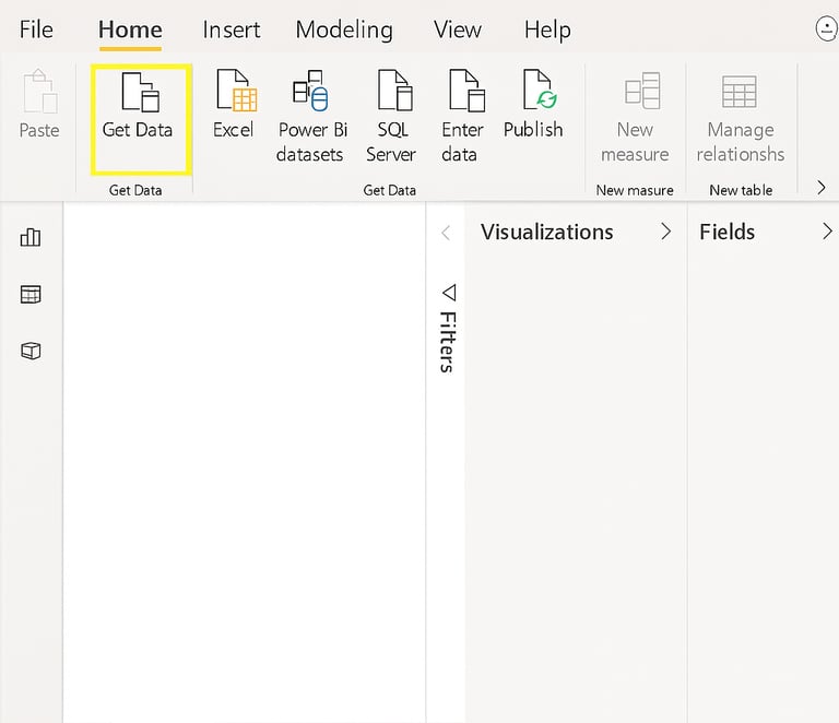 Power BI Desktop Home ribbon with the Get Data button highlighted in yellow, showing Visualizations and Fields panes on