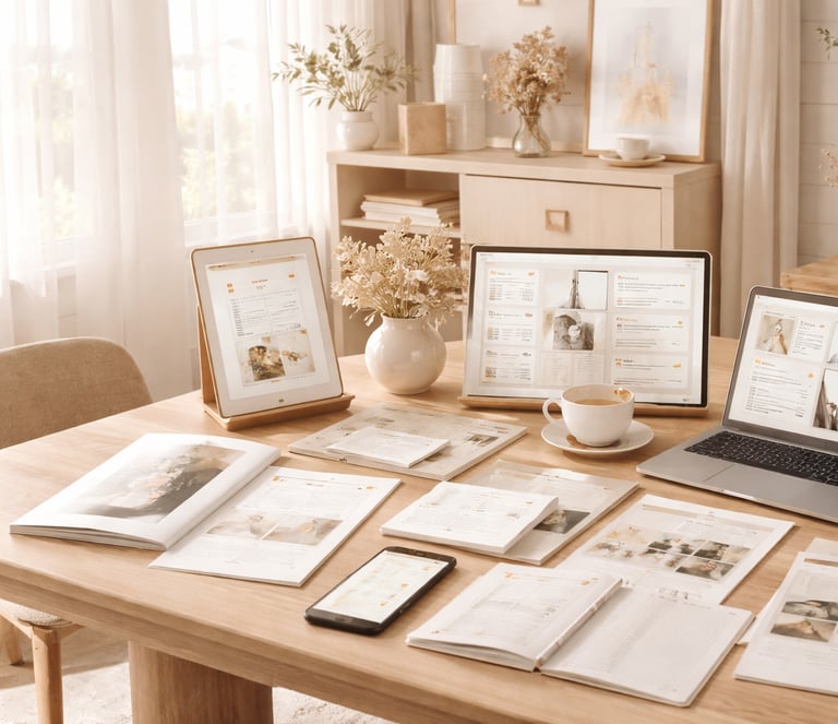 Espace de travail lumineux présentant différents produits digitaux Maison Orlanor, comme des planner