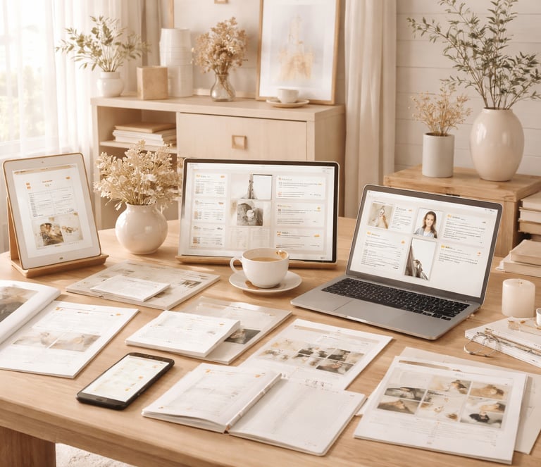 Espace de travail lumineux présentant différents produits digitaux Maison Orlanor, comme des planner