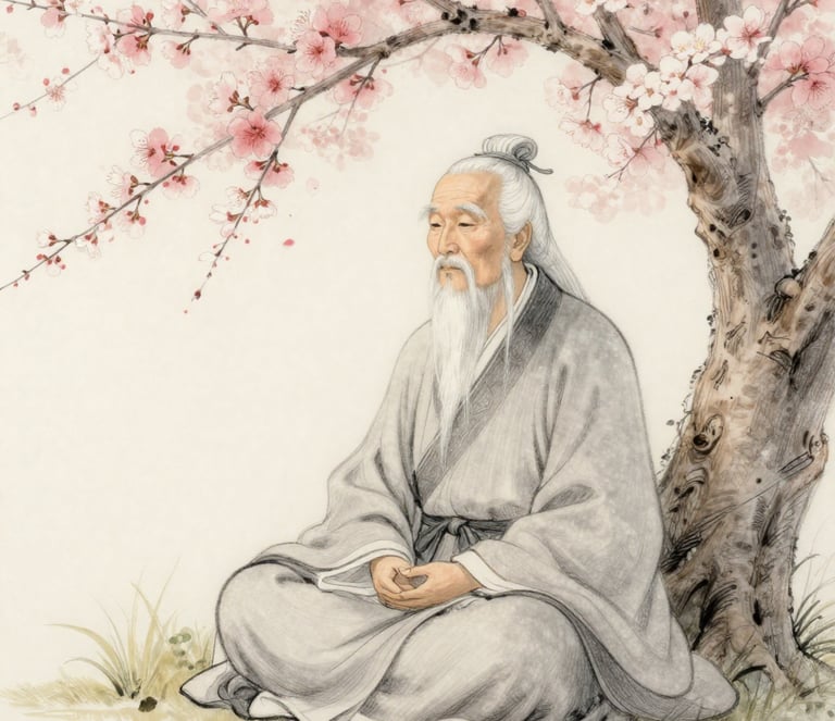 Lao Tzu meditating in nature demonstrating mindfulness and natural healing ancient wisdom