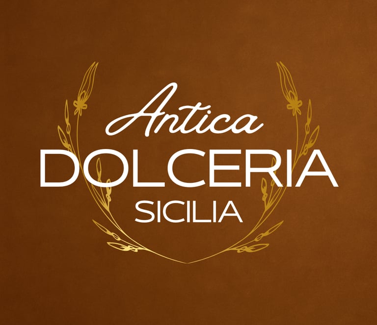 Antica Dolceria Sicilia logo with white text and gold laurel on a brown background.