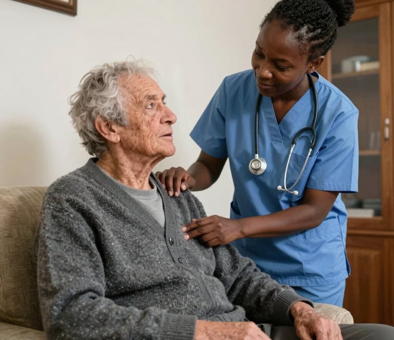 A caring caregiver gently holding hands with an elderly person in a cozy home setting.