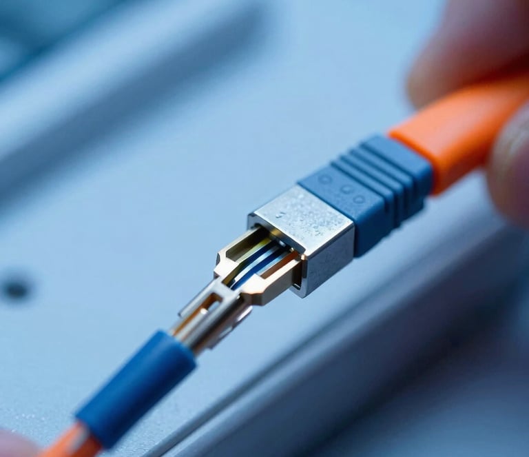 Extreme close-up of a technician terminating a fiber optic cable, sharp industrial focus, cool blue lighting with safety-orange accents, 35mm macro photography