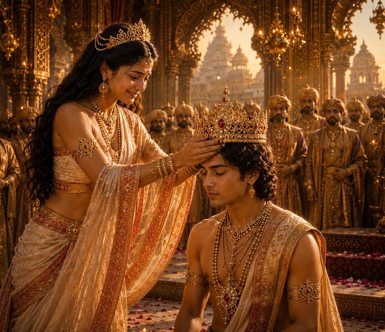 An Indian queen places a golden crown on a prince during a royal coronation in an ornate palace.