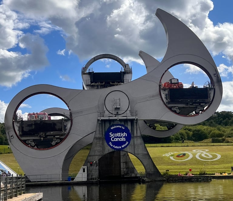 The falkirk wheel boat lift mid rotation.