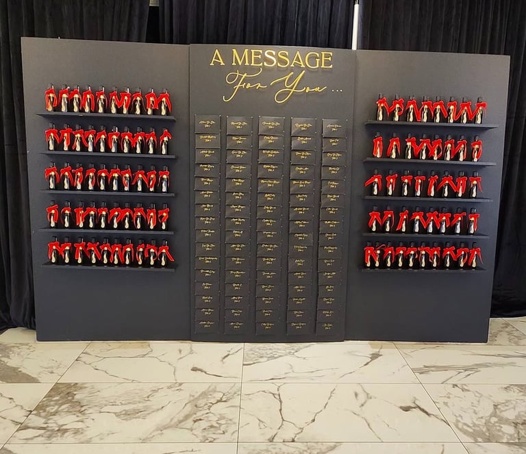 black seating chart with champagne bottle favors with red bow ties