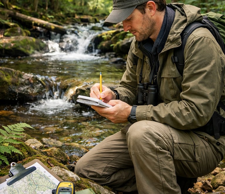 An ecologist writing notes in a forest while conducting a natural heritage evaluation in Ontario. 